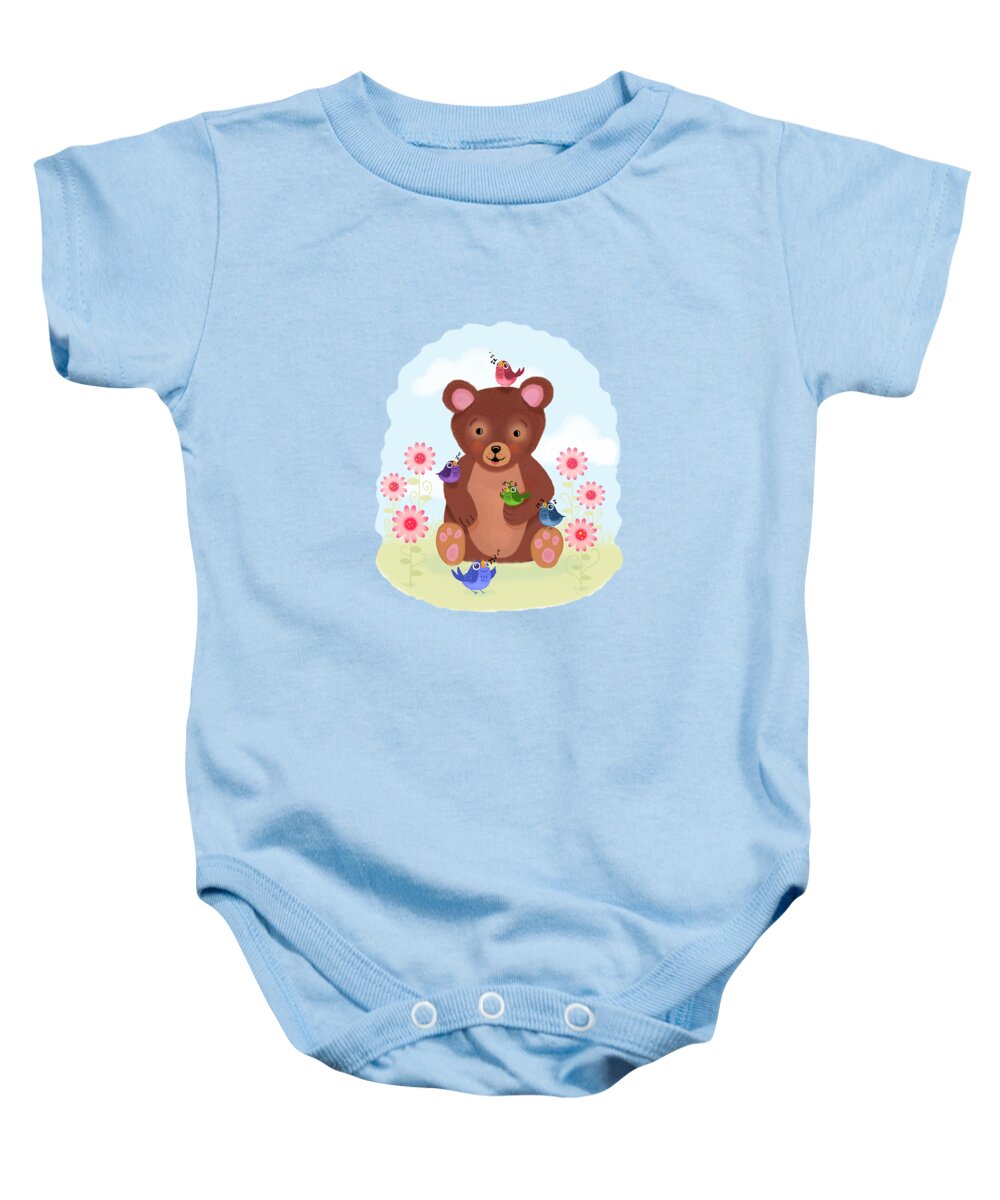 Bear Baby Onesie featuring the painting Five Chirp Harmony by Little Bunny Sunshine