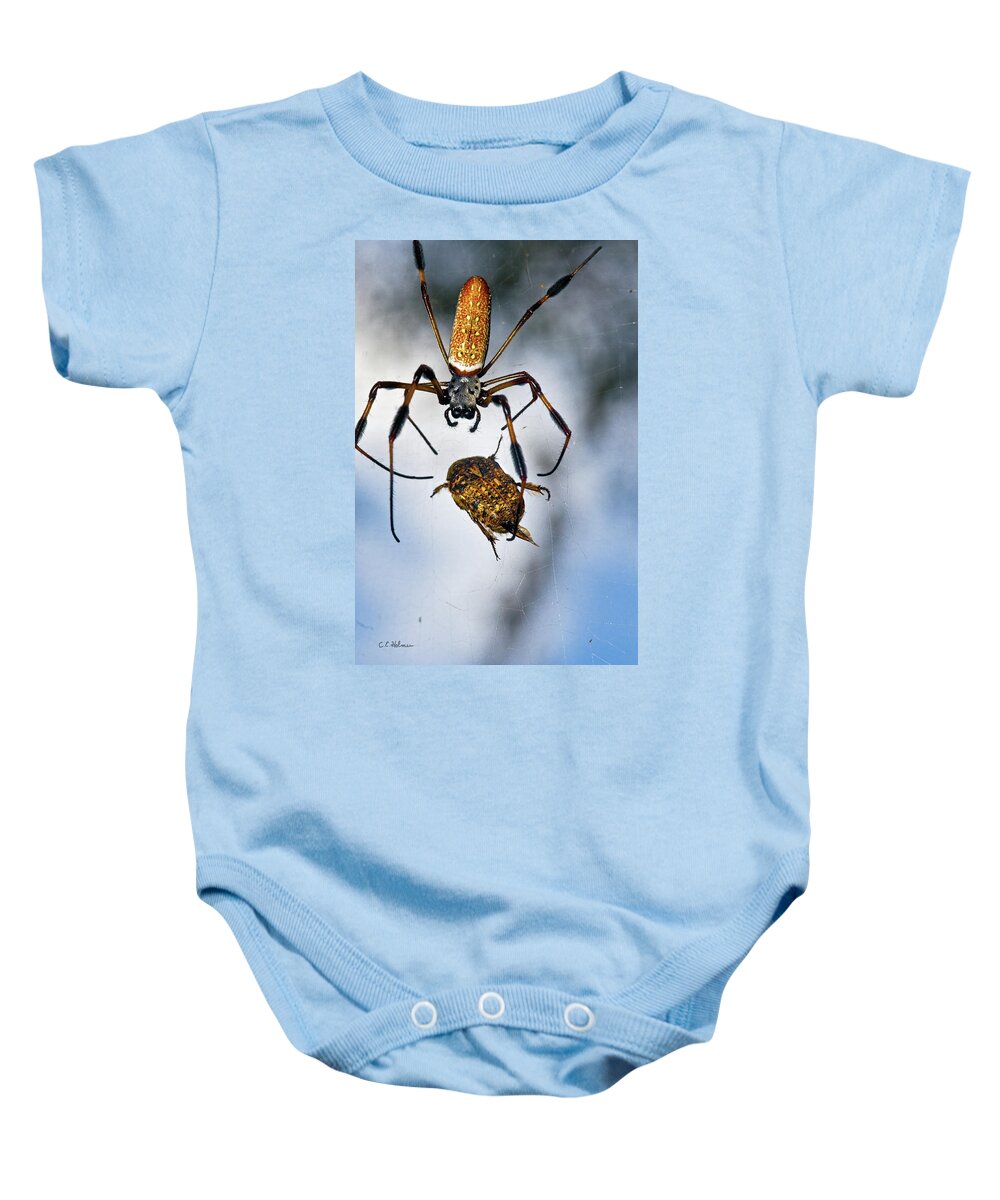 Golden Silk Orb-weaver Baby Onesie featuring the photograph Flew In For Dinner by Christopher Holmes