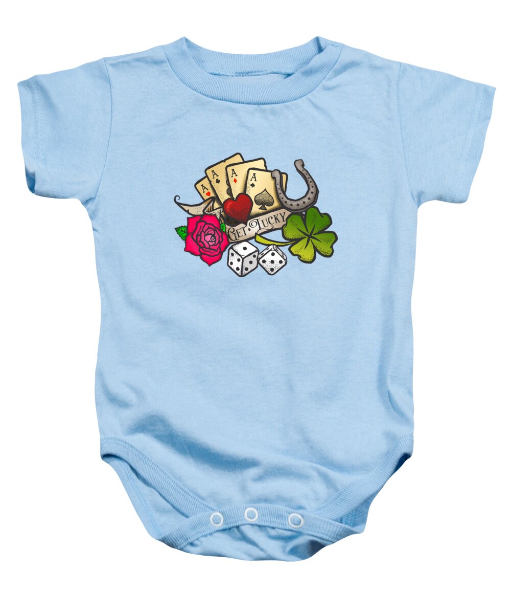 Luck Baby Onesie featuring the painting Get Lucky Vintage Tattoo Design by Little Bunny Sunshine
