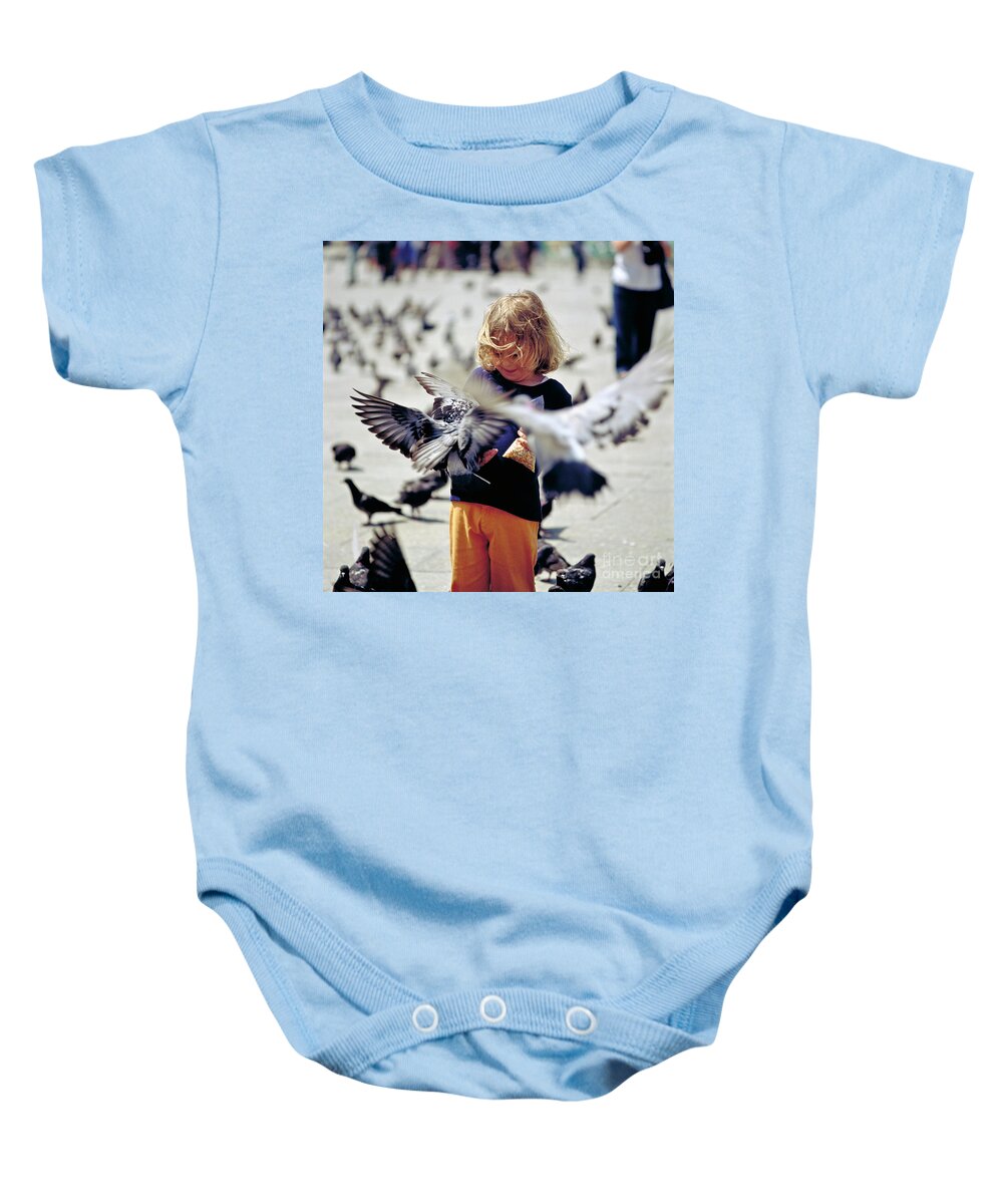 Children Baby Onesie featuring the photograph Girl with Pigeons by Heiko Koehrer-Wagner