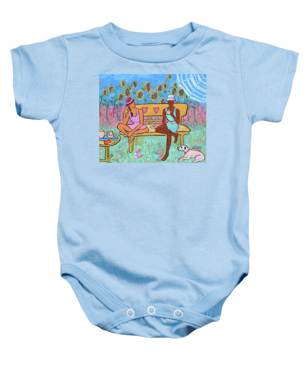 Figurative Baby Onesie featuring the painting Girlfriends' Teatime III by Xueling Zou