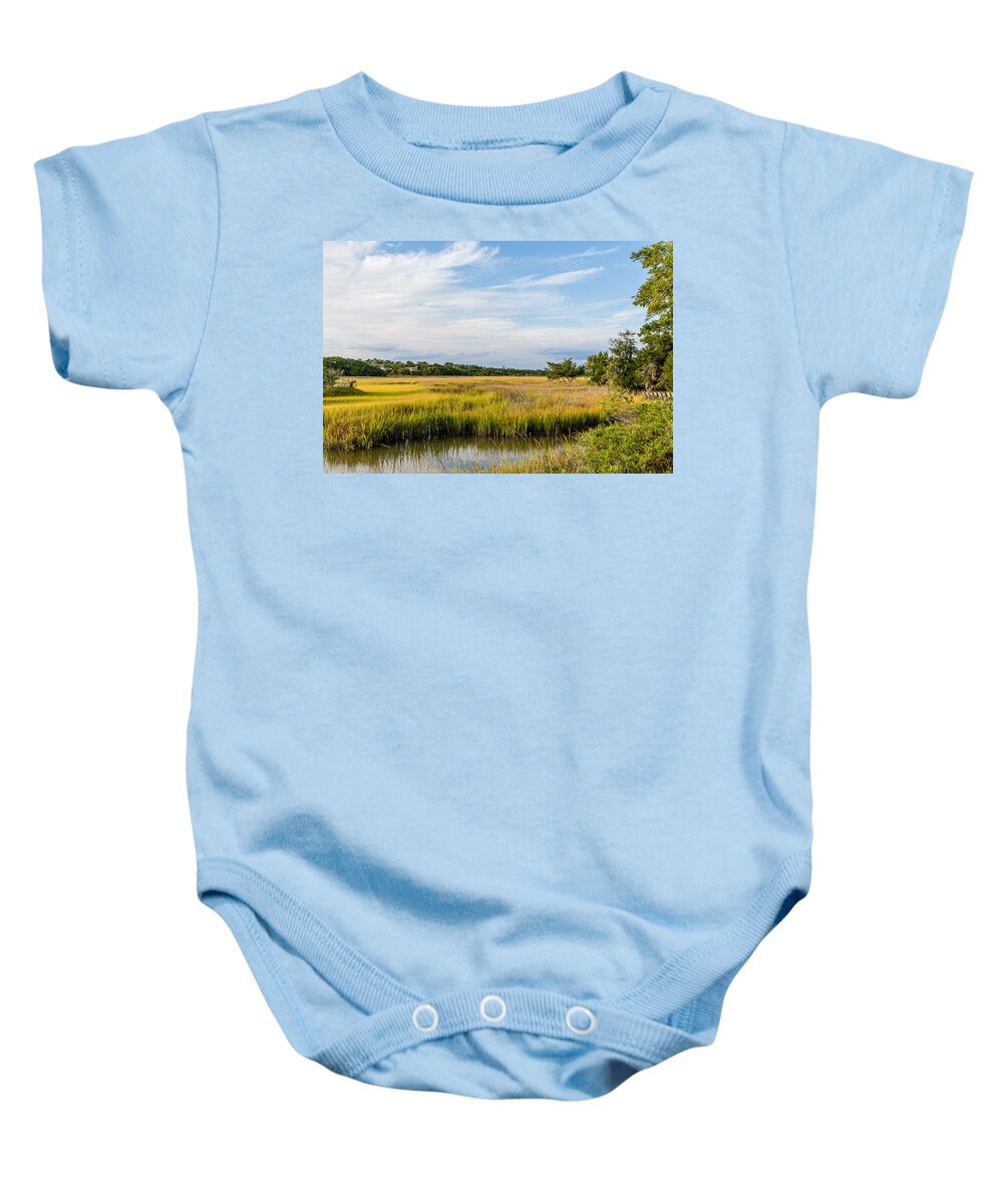 Bog Baby Onesie featuring the photograph Golden Green Marsh Under Blue Skies by Darryl Brooks