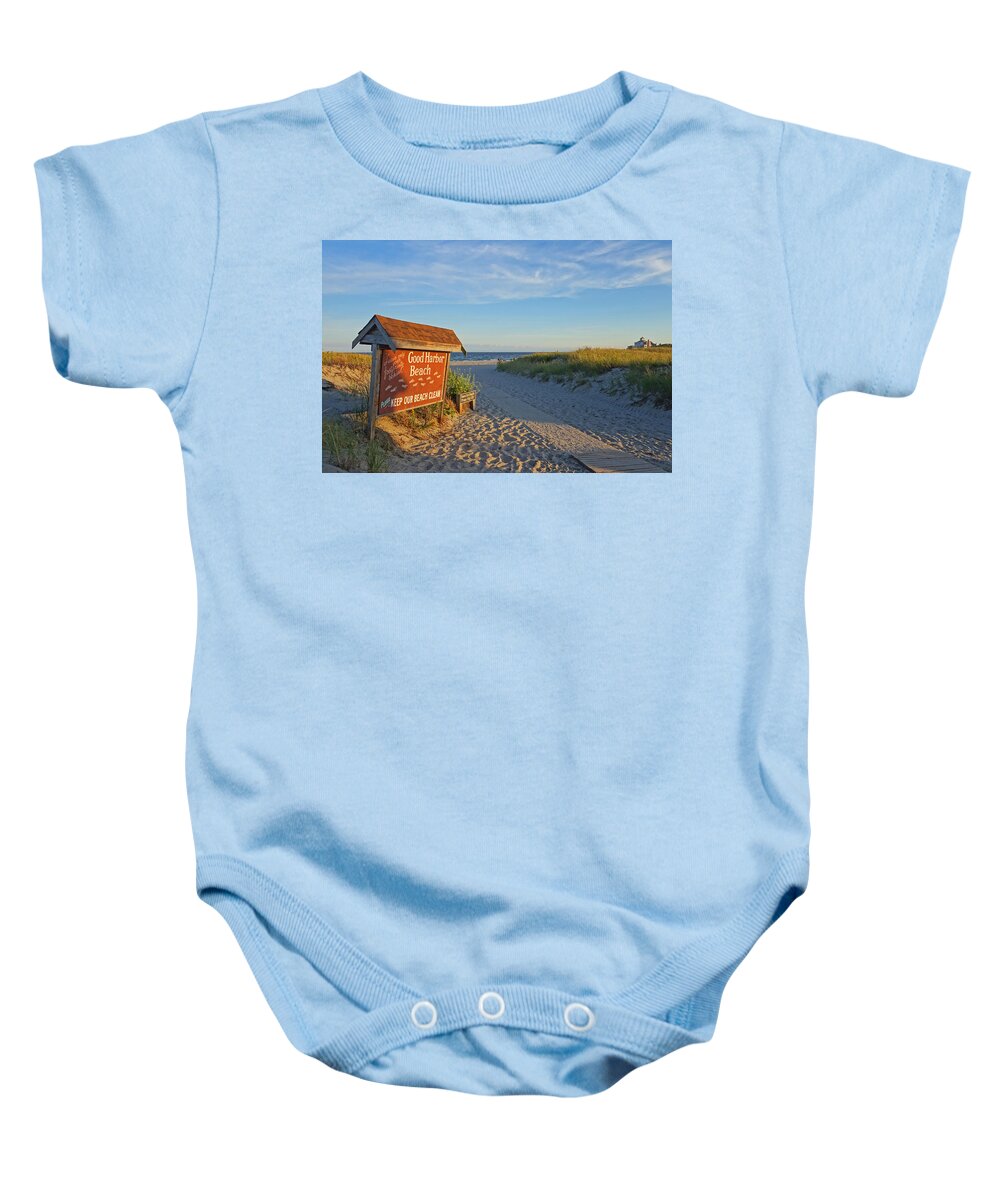 Gloucester Baby Onesie featuring the photograph Good Harbor Sign at Sunset by Toby McGuire