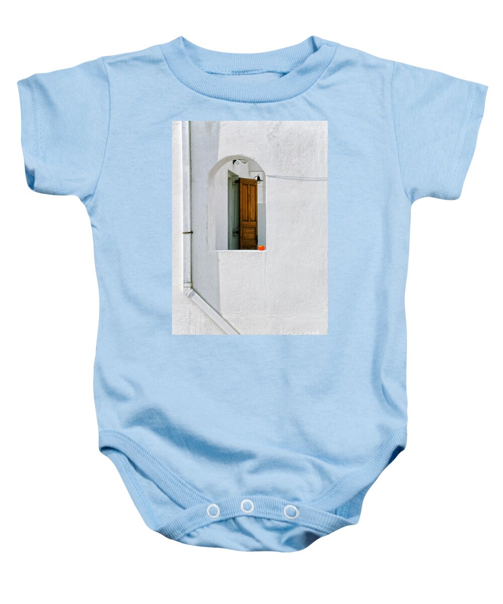 White Baby Onesie featuring the photograph Greek window with tomato by Silvia Ganora