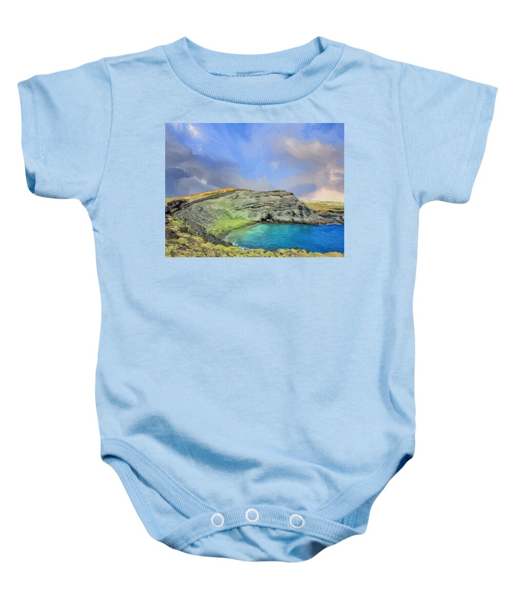 Hawaiian Islands Baby Onesie featuring the painting Green Sand Beach at Papakolea by Dominic Piperata