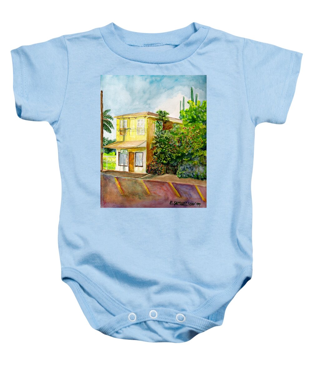Historic Maui Baby Onesie featuring the painting Hairbenders of Paia by Eric Samuelson