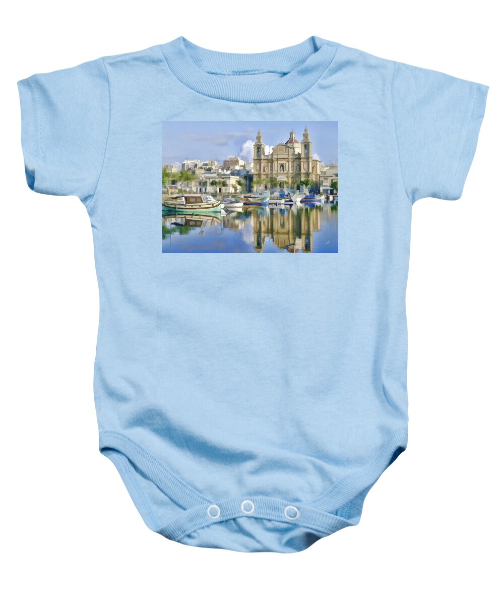 Landscape Baby Onesie featuring the painting Harborside Msida Malta by Dean Wittle
