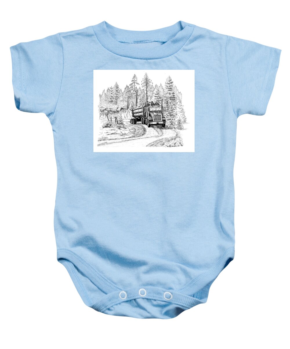 Log Truck Baby Onesie featuring the drawing Headed Out Loaded by Timothy Livingston