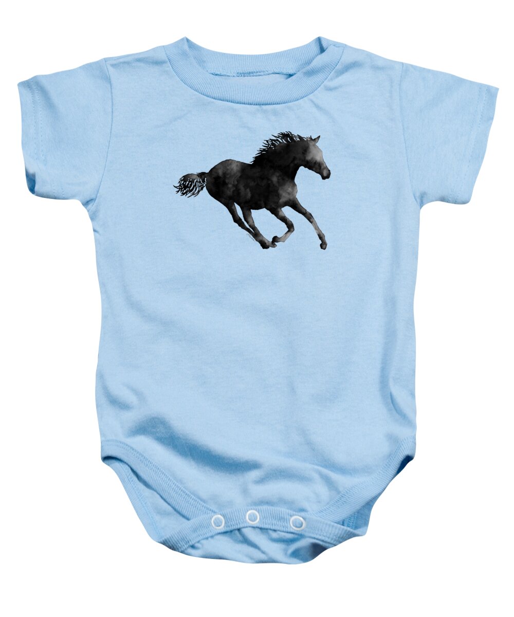 Horse Baby Onesie featuring the painting Horse Running in Black and White by Hailey E Herrera