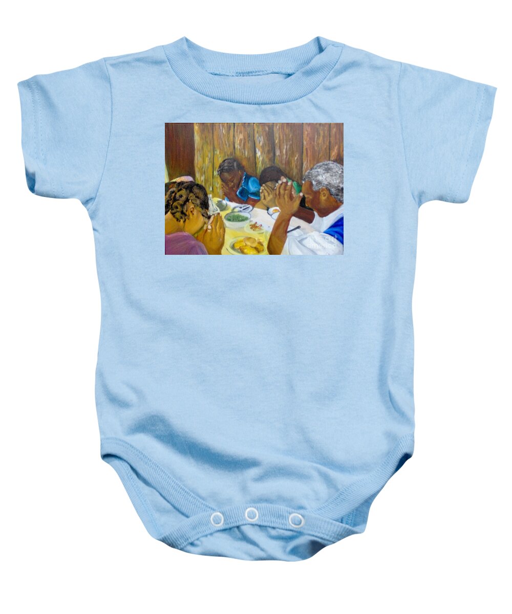 Prayer Baby Onesie featuring the painting Humble Gratitude by Saundra Johnson