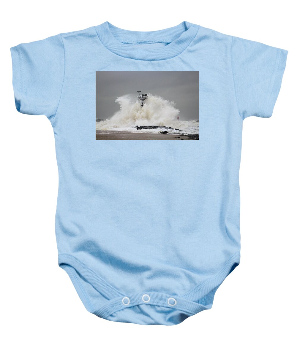 Beach Baby Onesie featuring the photograph Hurricane Jose Wave at the Inlet Jetty by Robert Banach