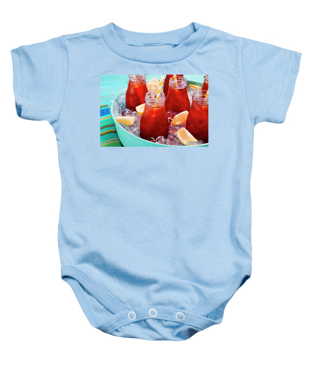 Background Baby Onesie featuring the photograph Iced Teas with Straws by Teri Virbickis