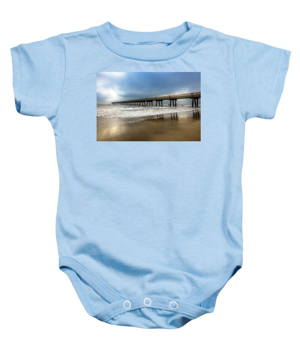 Clouds Baby Onesie featuring the photograph Jacksonville Pier in the Fog at Dawn by Debra and Dave Vanderlaan