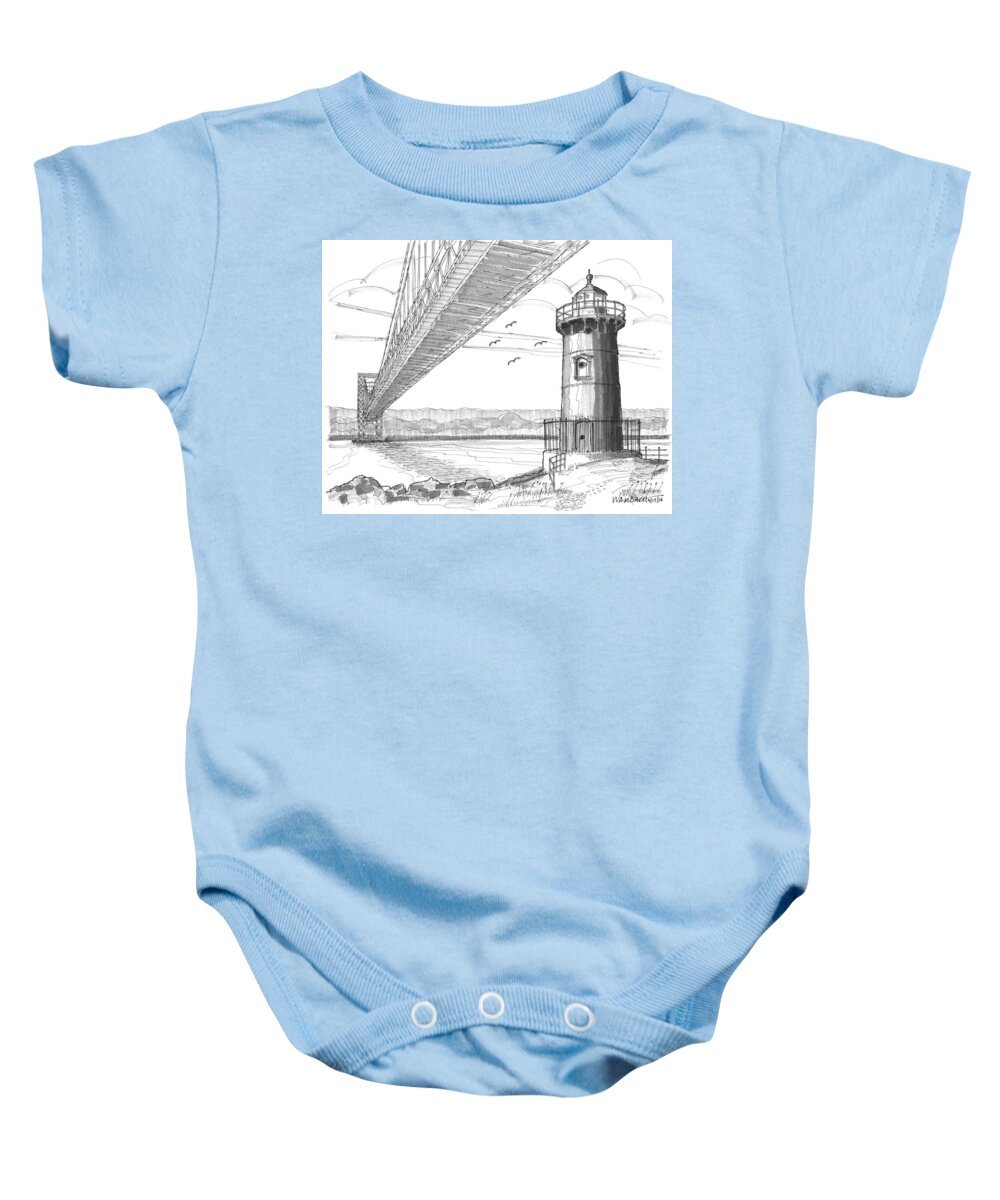 Landscape Baby Onesie featuring the drawing Jeffrey's Hook Lighthouse by Richard Wambach
