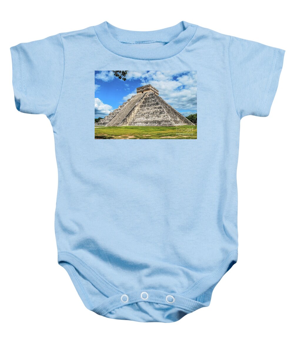 Observatory Baby Onesie featuring the photograph Kukulkan Pyramid by Judy Wolinsky