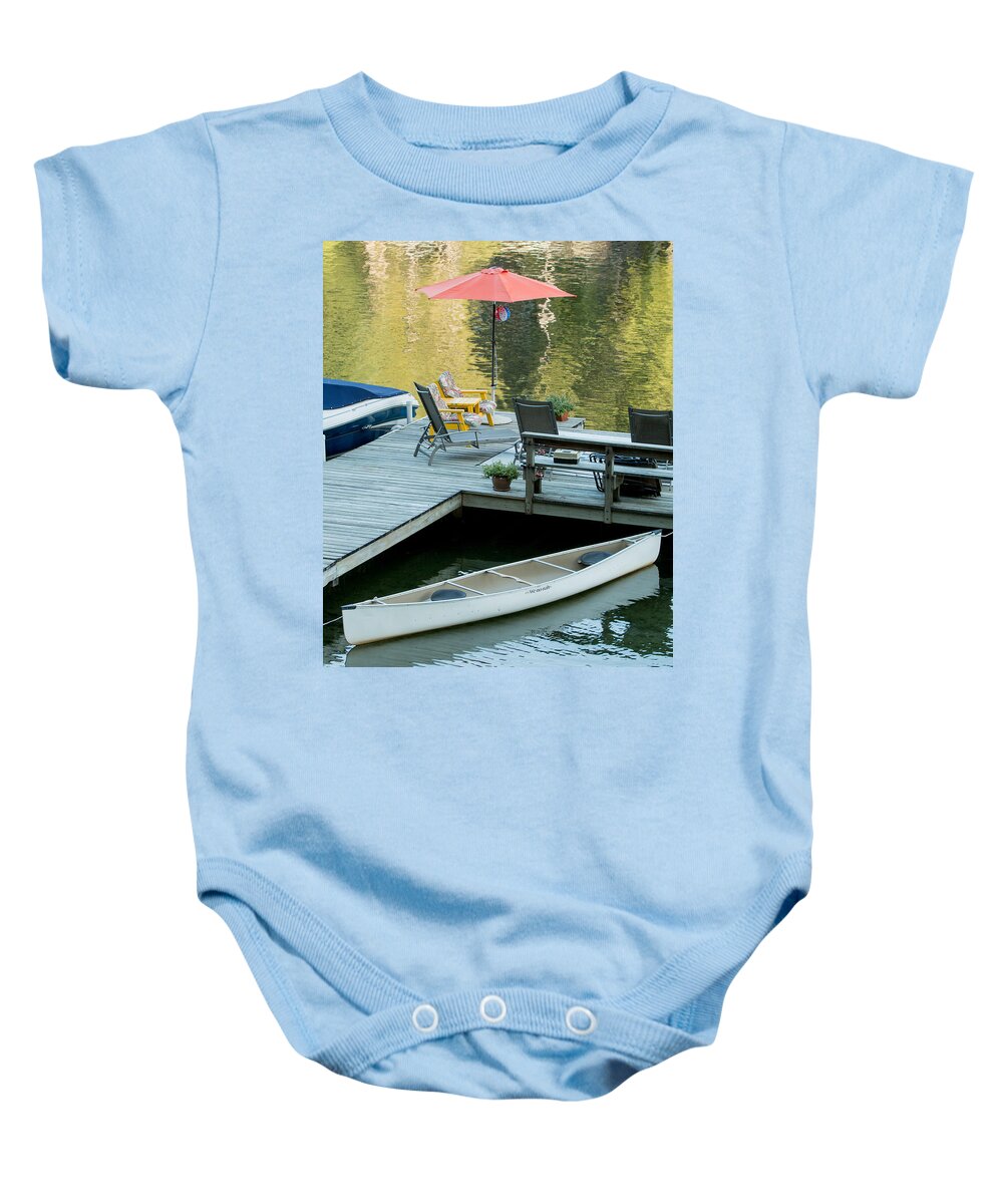 Mason Lake Baby Onesie featuring the photograph Lake-side Dock by E Faithe Lester