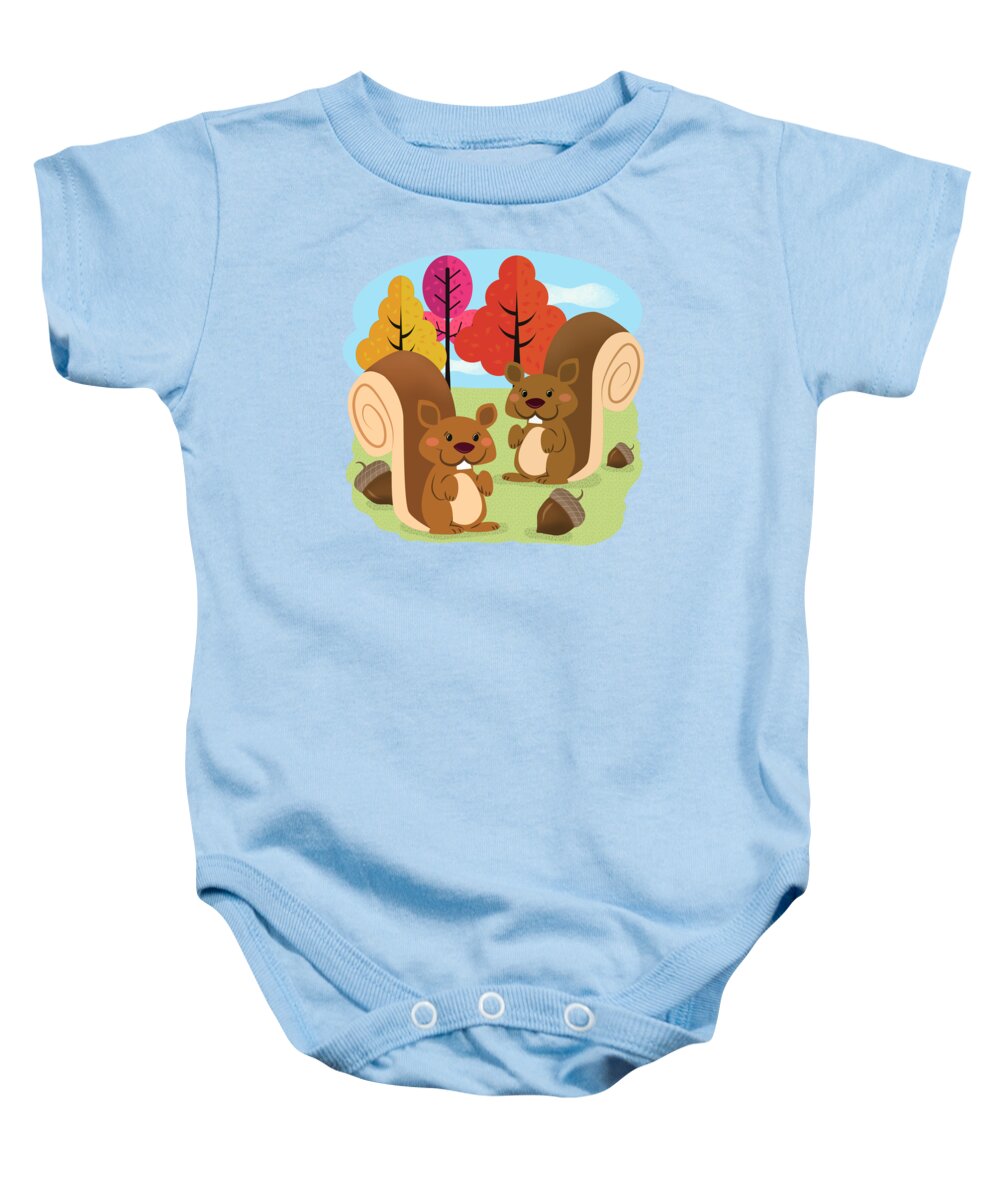 Squirrels Baby Onesie featuring the painting Let The Acorns Fall by Little Bunny Sunshine
