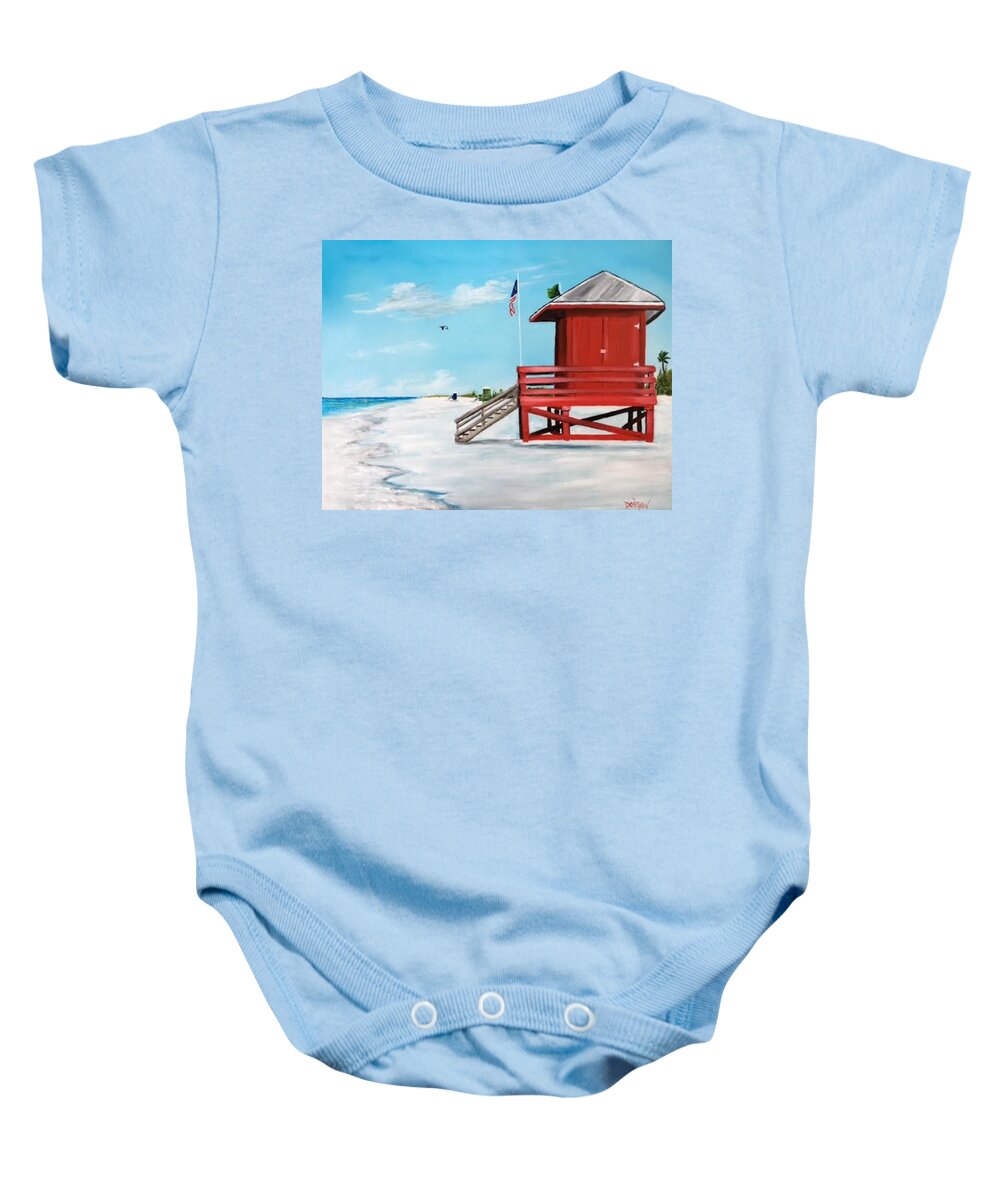 Lifeguard Shack Baby Onesie featuring the painting Let's Meet At The Red Lifeguard Shack by Lloyd Dobson