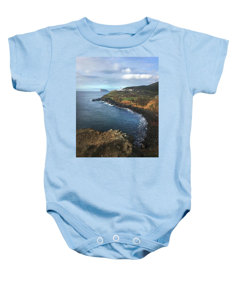 Kelly Hazel Baby Onesie featuring the photograph Lighthouse on Terceira by Kelly Hazel