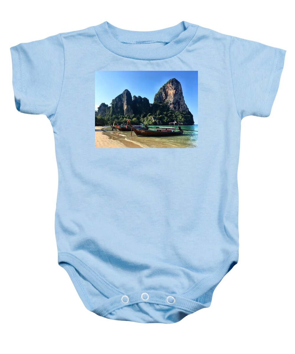 Thailand Baby Onesie featuring the photograph Long Boats in Thailand by Doris Aguirre