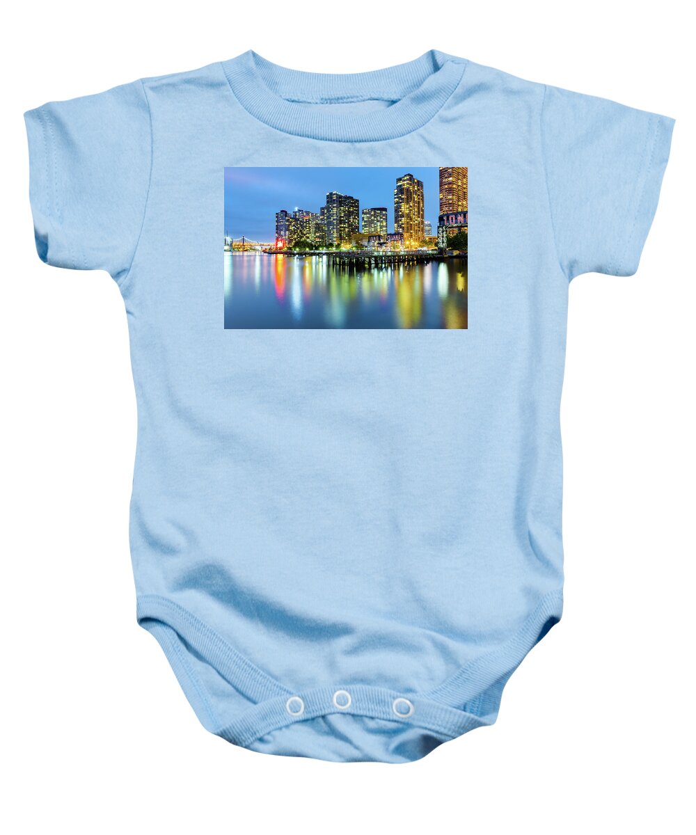 Gantry Plaza Baby Onesie featuring the photograph Long Island City skyline at dusk by Mihai Andritoiu