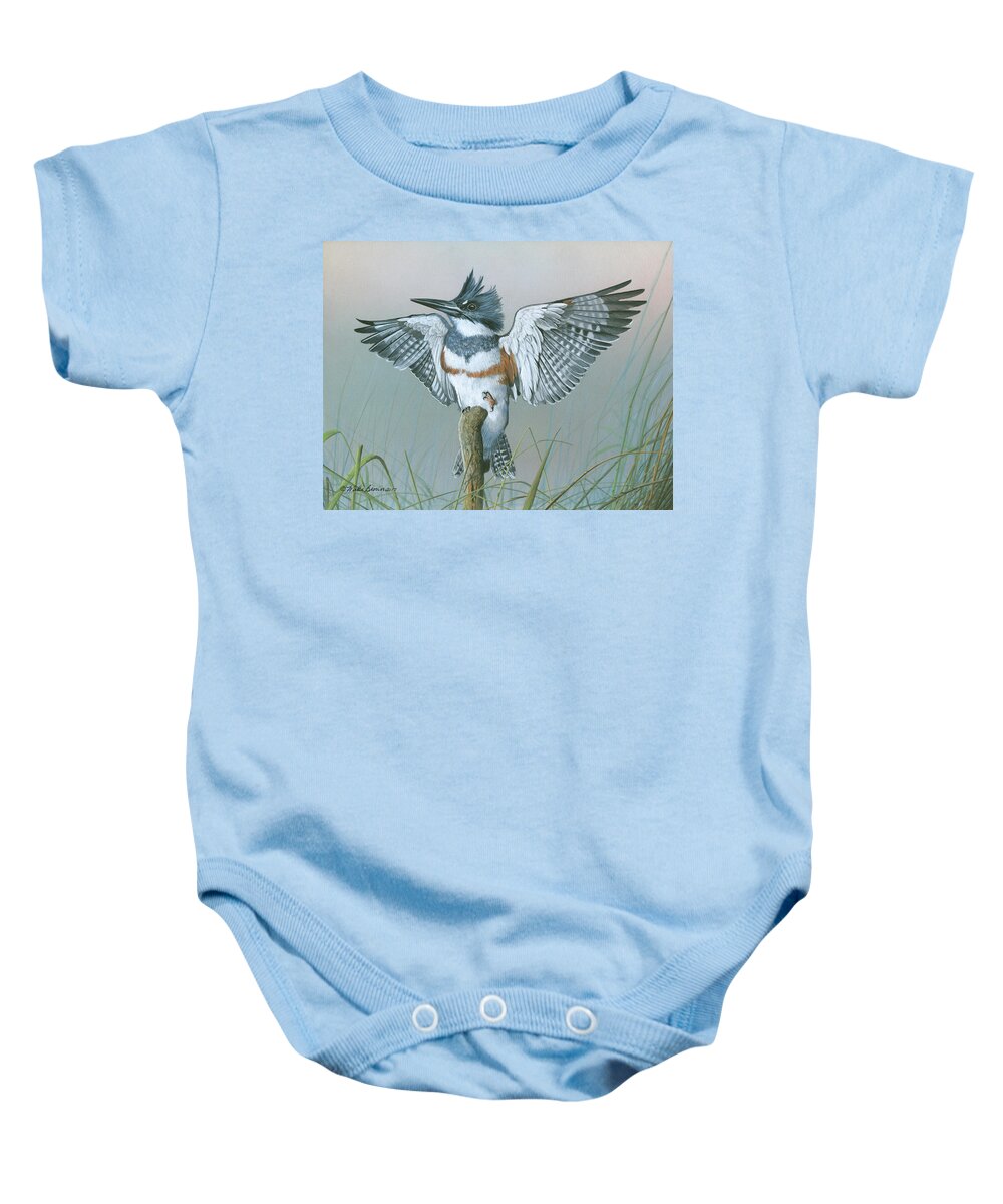 King Fisher Baby Onesie featuring the painting Male Belted Kingfisher by Mike Brown