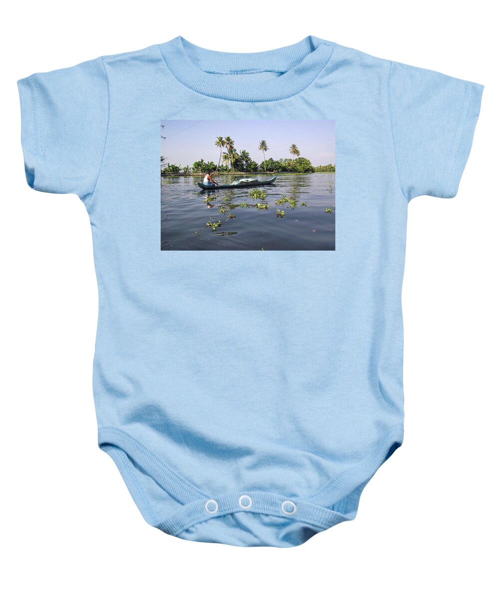 Alleppey Baby Onesie featuring the photograph Man boating on the salt water lagoon in Alleppey in Kerala by Ashish Agarwal