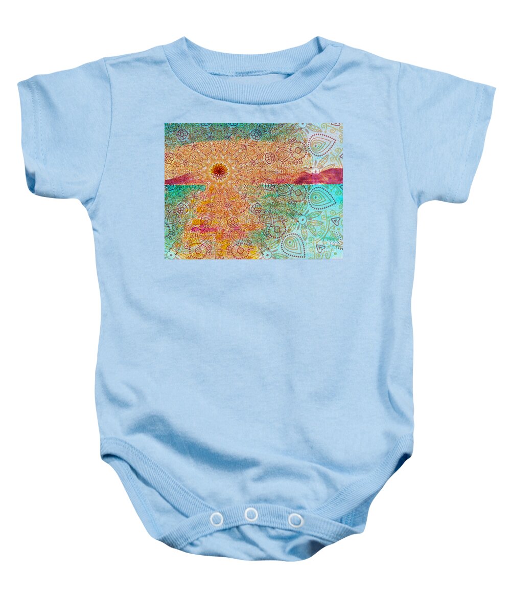 Sunset Baby Onesie featuring the digital art Mandala Sets Over The Dunes by Shelley Myers