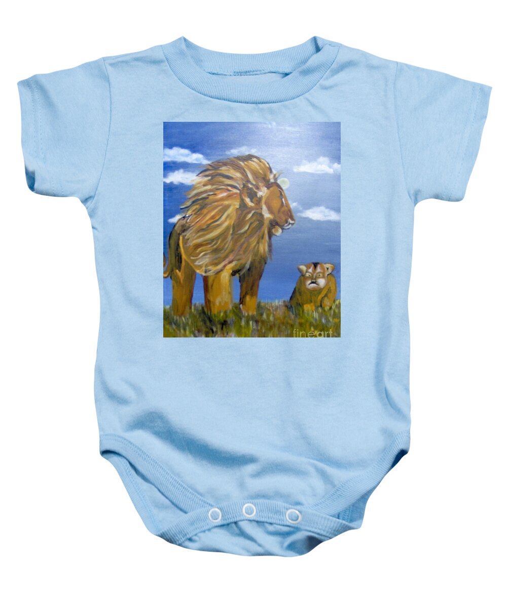 Lion Baby Onesie featuring the painting Manhood Training by Saundra Johnson