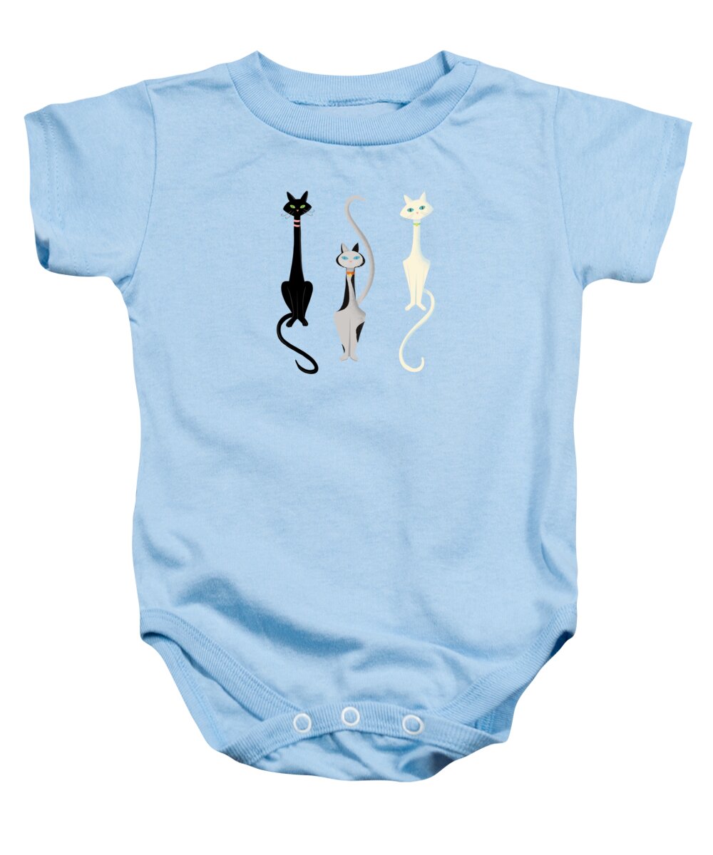 Cats Baby Onesie featuring the painting Midcentury Modern Sleek And Stylish Parisian Kitty Cat Trio by Little Bunny Sunshine