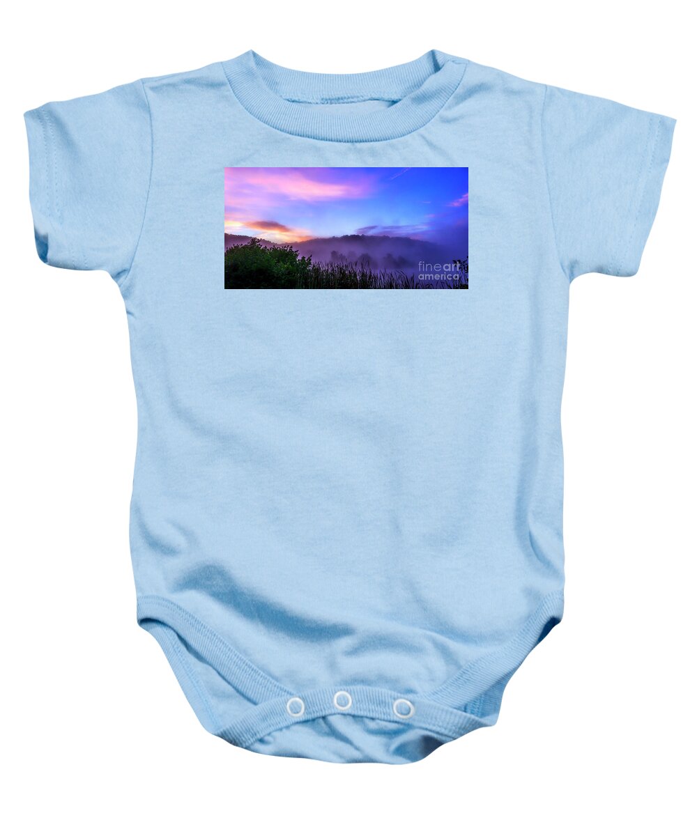 Big Ditch Lake Baby Onesie featuring the photograph Misty Summer Sunrise by Thomas R Fletcher