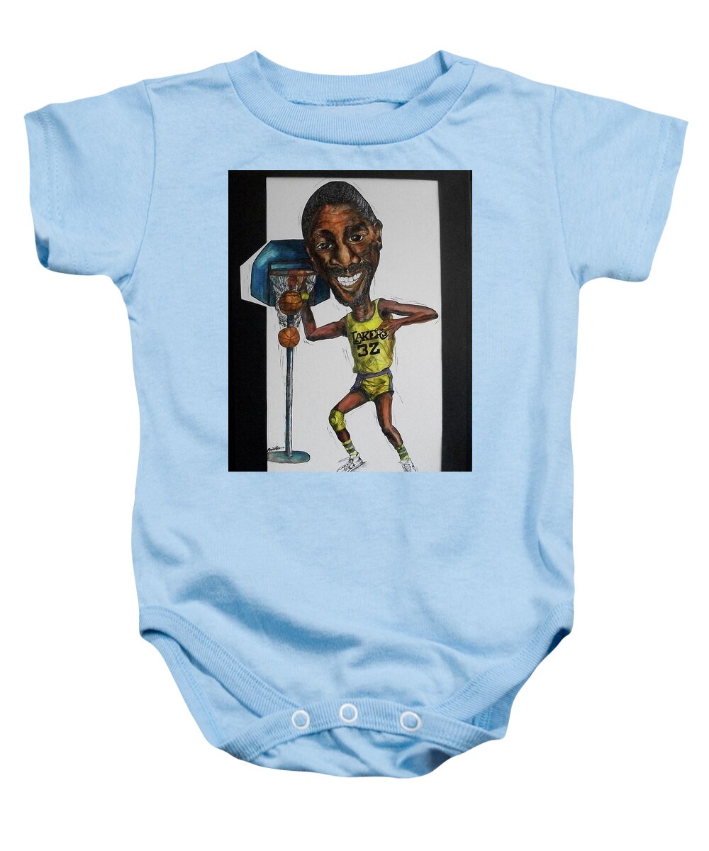 Magic Johnson Baby Onesie featuring the mixed media MJ Caricature by Michelle Gilmore