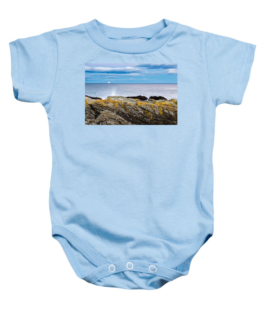 Portlethen Baby Onesie featuring the photograph Moon rising over sea at Portlethen, Scotland by Ian Middleton