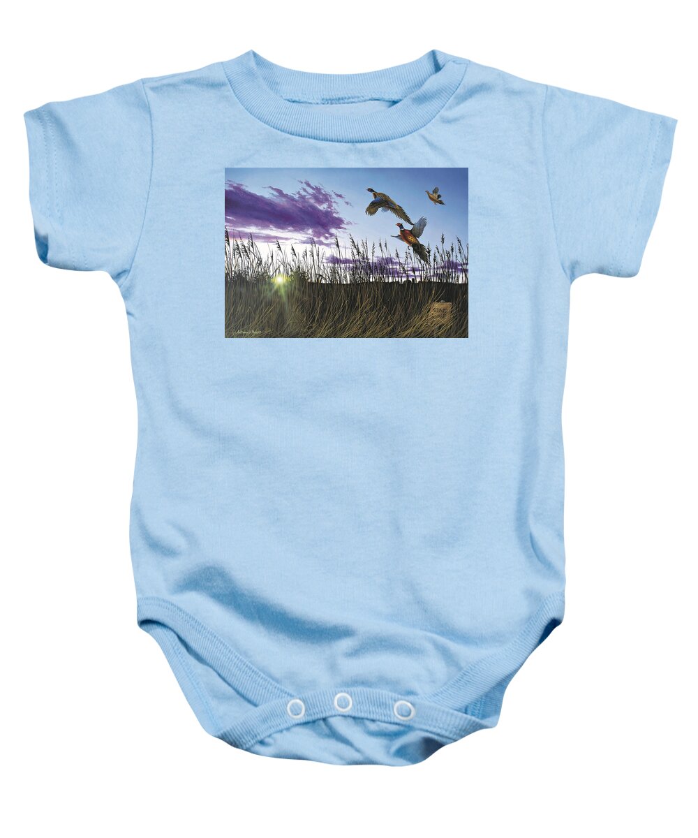 Pheasants Baby Onesie featuring the painting Morning Glory by Anthony J Padgett