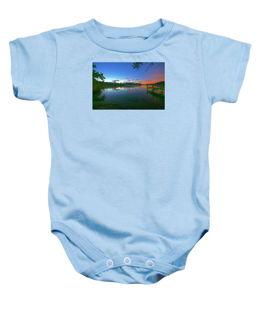 Sky Water Lake Pond Pier Stars Cloud Clouds Tree Trees Shore Beach Baby Onesie featuring the photograph Morning Star by Robert Och