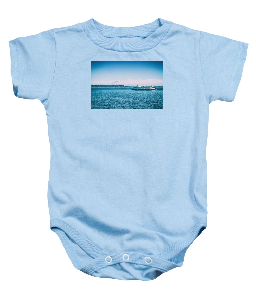 Mount Rainier Baby Onesie featuring the photograph Mount Rainier and Ferry Boat by Tanya Harrison