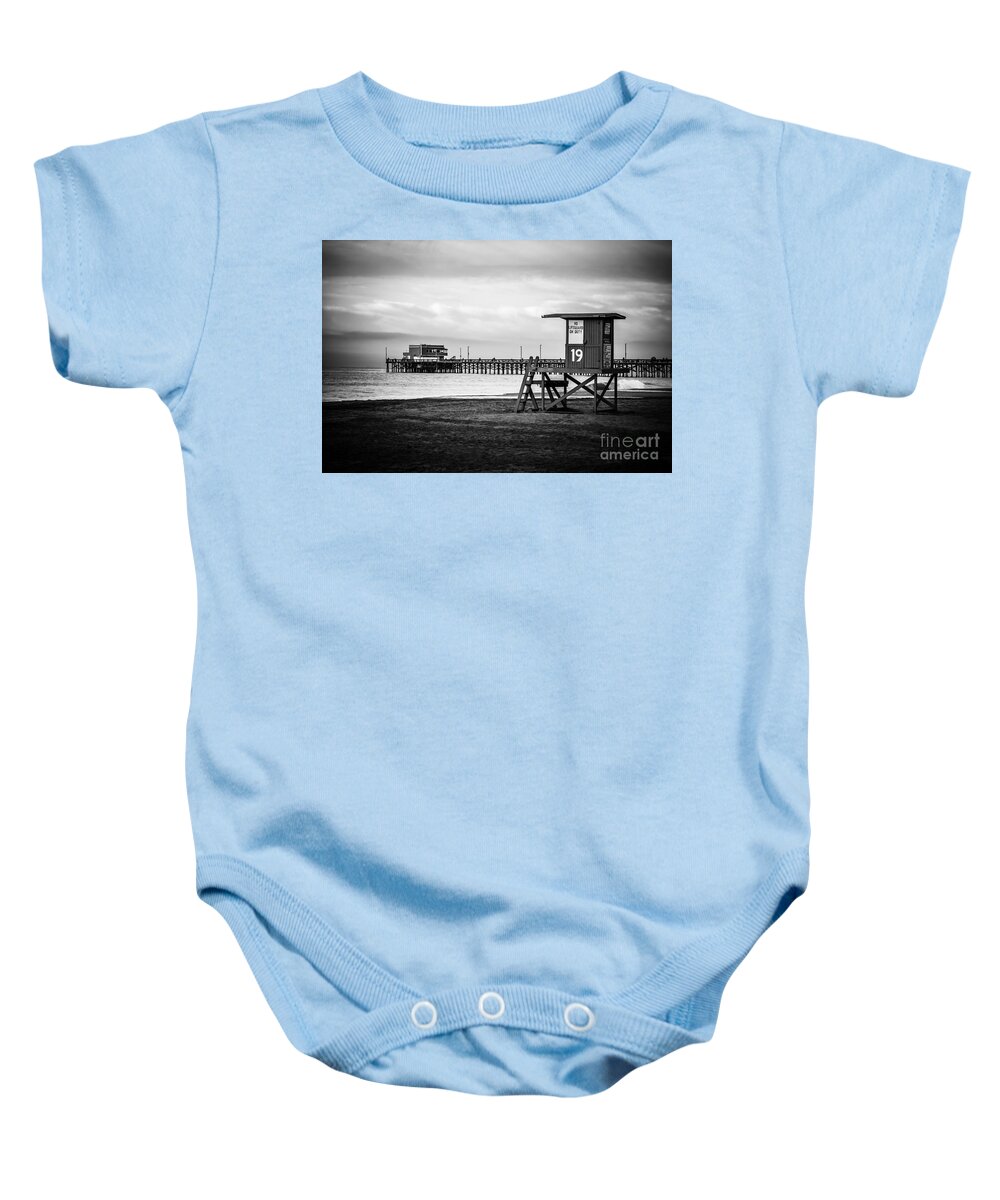 America Baby Onesie featuring the photograph Newport Pier and Lifeguard Tower in Black and White by Paul Velgos