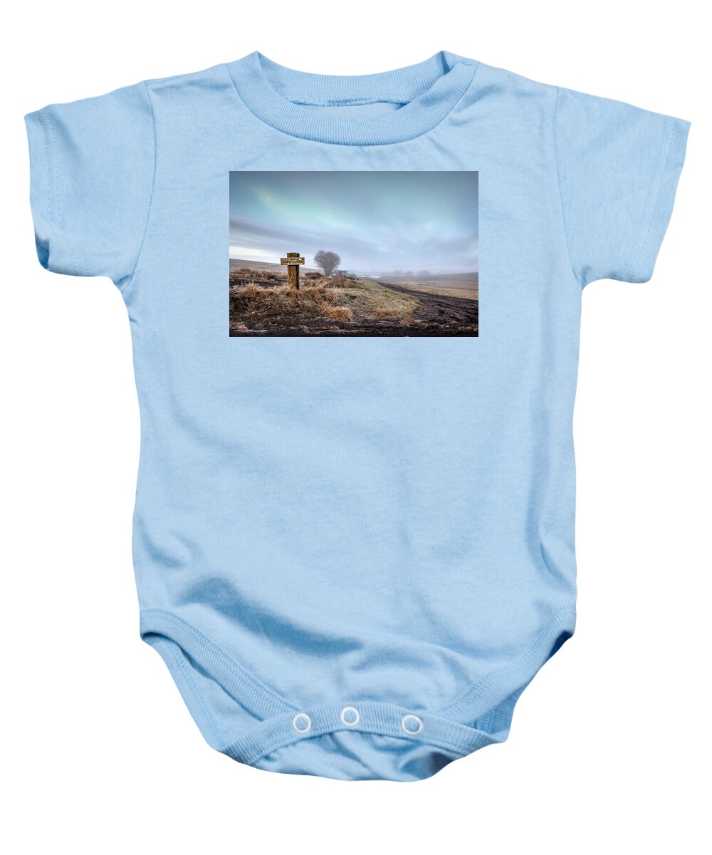 Lewiston Idaho Clarkston Washington Id Wa Lewis Clark Lc Valley Landscape No Trespassing Sign Mann Mann's Lake Fog Barren Road Field Baby Onesie featuring the photograph No Trespassing by Brad Stinson