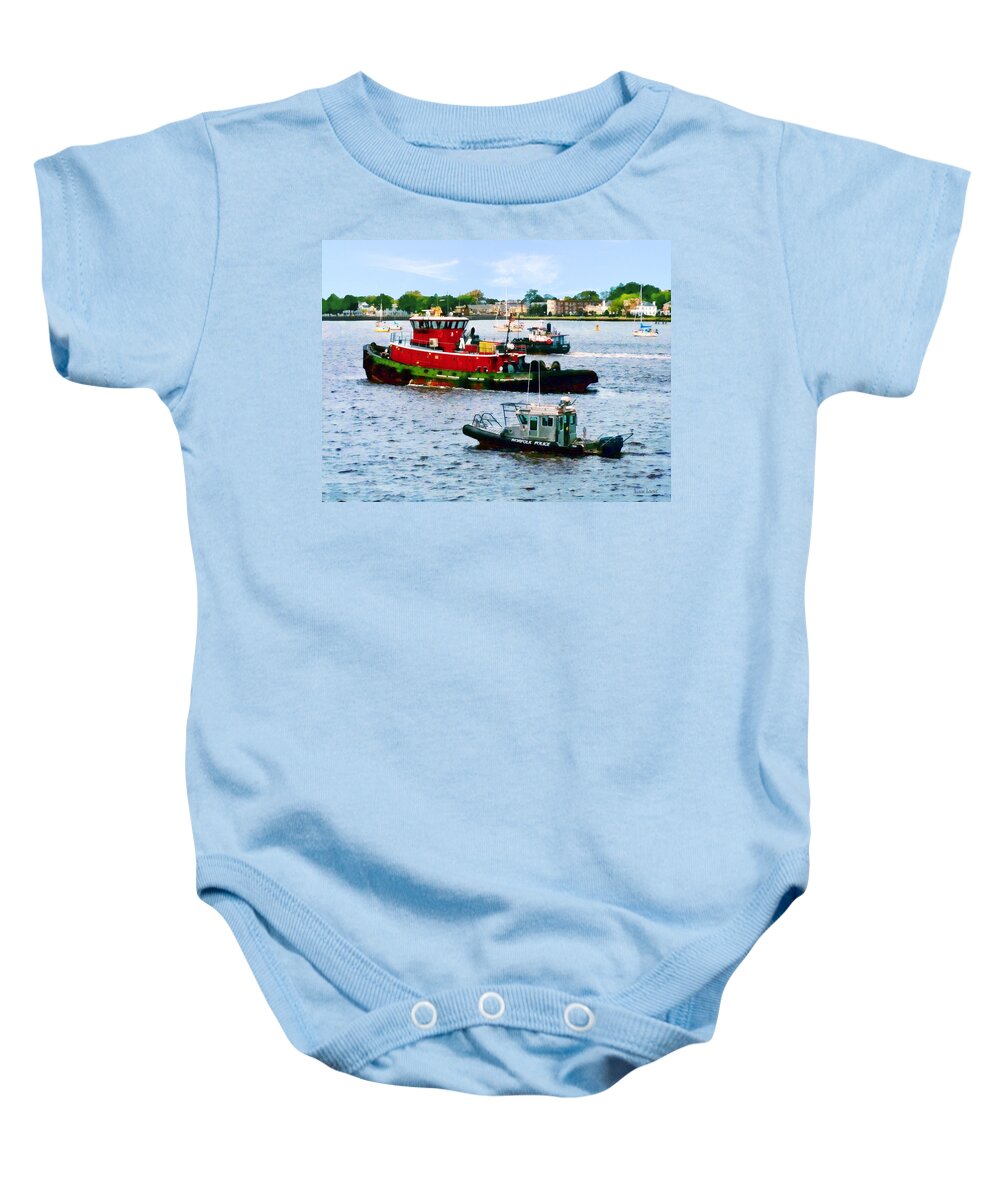 Boat Baby Onesie featuring the photograph Norfolk VA - Police Boat and Two Tugboats by Susan Savad