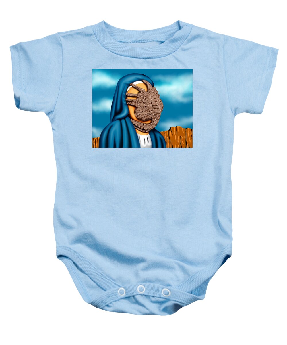 Mother Mary Baby Onesie featuring the glass art Not So Immaculate Conception by Robert Morin