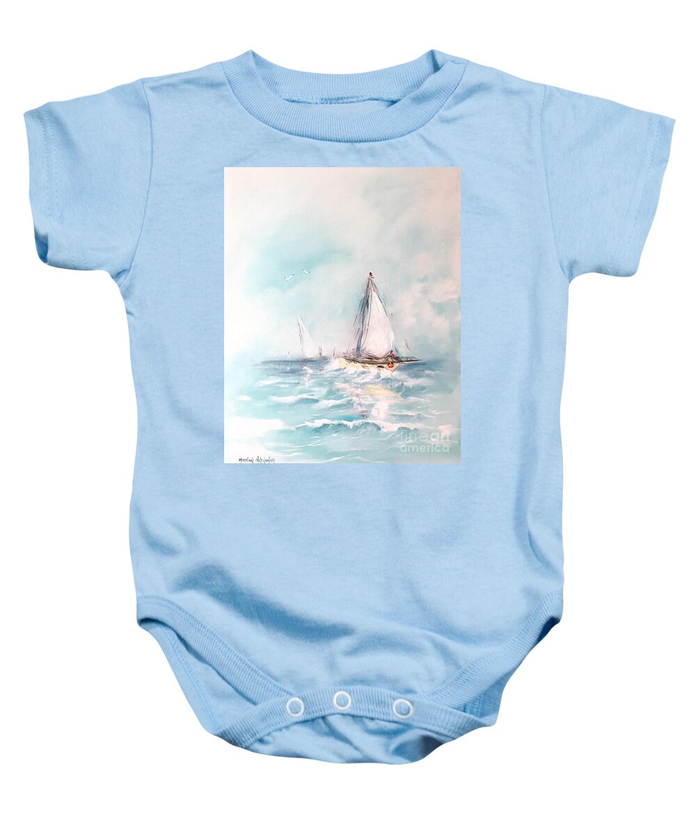 Ocean Blues Water Sea Sailing Ship Boat Wave Blue White Harbor Seascape Sky Cloud Acrylic On Canvas Print Painting Baby Onesie featuring the painting Ocean blues by Miroslaw Chelchowski