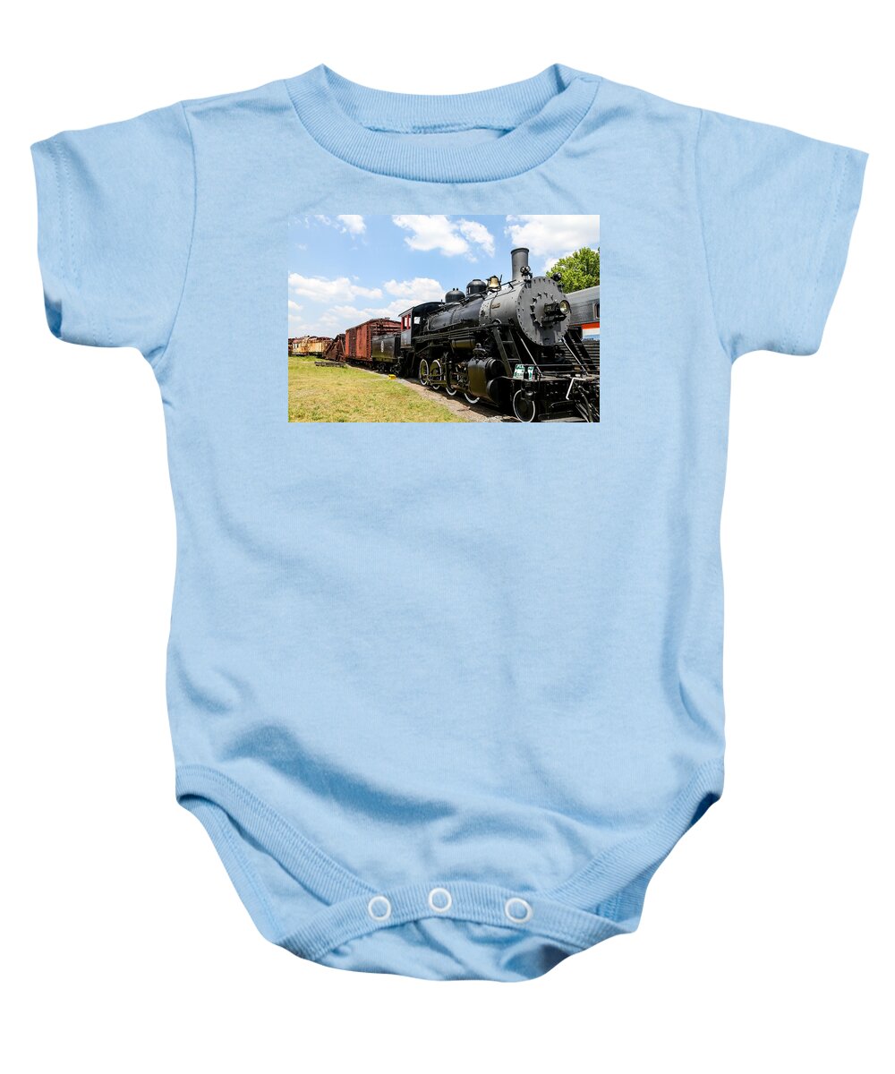 Abandoned Baby Onesie featuring the photograph Old Black Steam Locomotive by Darryl Brooks