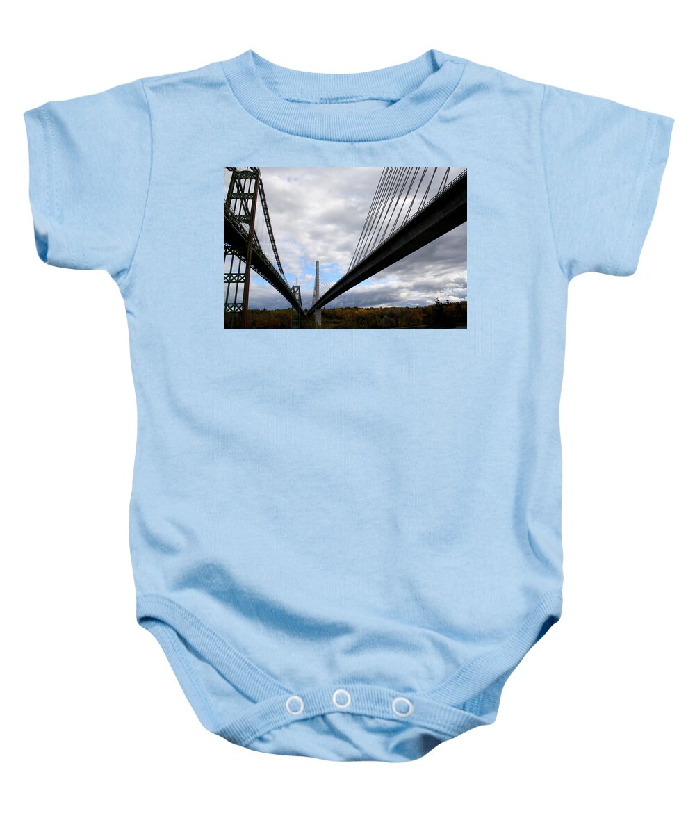 Penobscot Narrows Bridge Baby Onesie featuring the photograph Old Vs New by Greg DeBeck