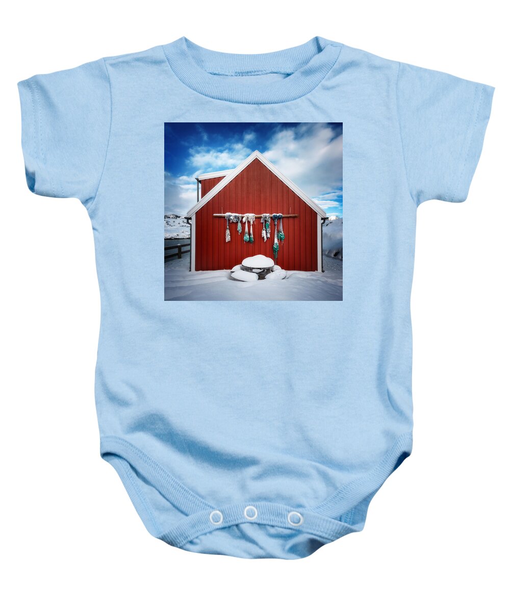 Cabin Baby Onesie featuring the photograph On The Red Wooden by Philippe Sainte-Laudy