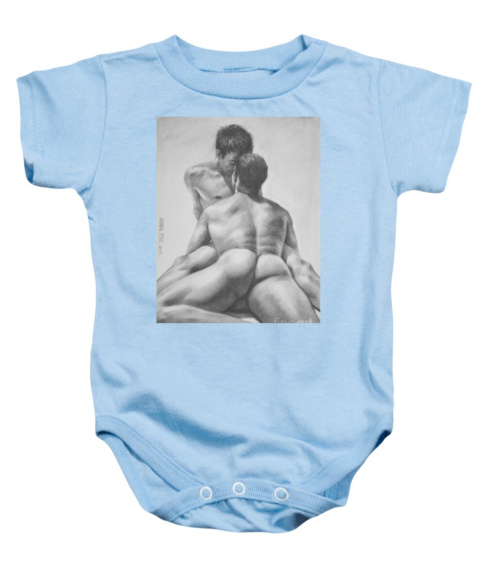 Original Art Baby Onesie featuring the painting Original Drawing Sketch Charcoal Male Nude Gay Interest Man Art Pencil On Paper -0028 by Hongtao Huang