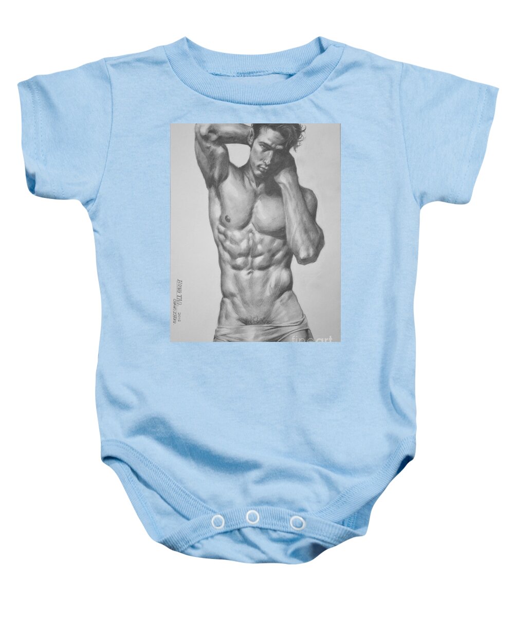 Original Art Baby Onesie featuring the painting Original Drawing Sketch Charcoal Male Nude Gay Interest Man Art Pencil On Paper -0043 by Hongtao Huang