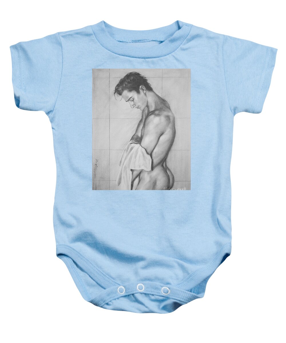 Original Art Baby Onesie featuring the painting Original Drawing Sketch Charcoal Male Nude Gay Man Art Pencil On Paper -026 by Hongtao Huang