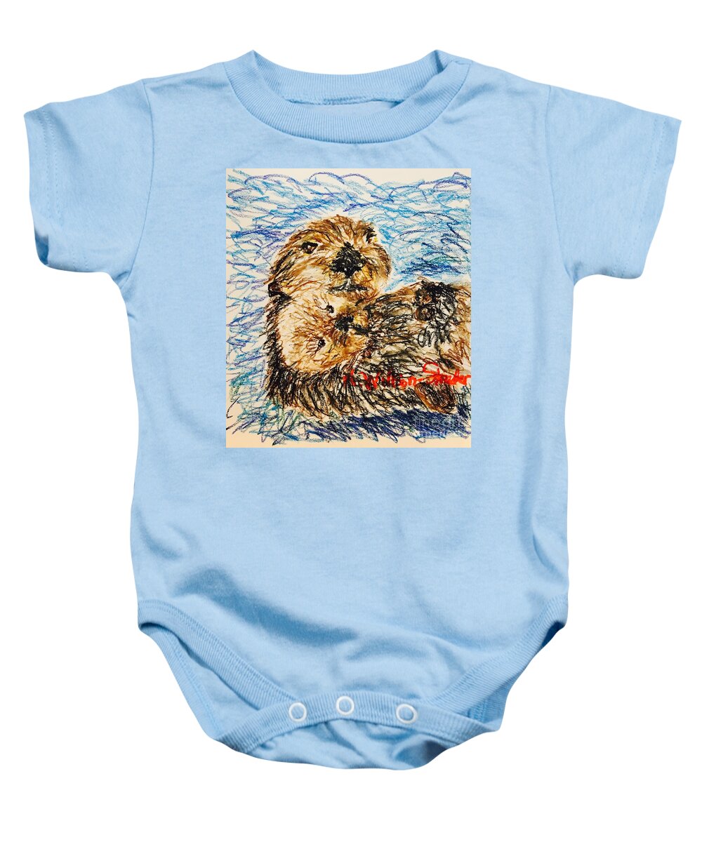 Otters Floating By Baby Onesie featuring the drawing Otters Floating By by N Willson-Strader