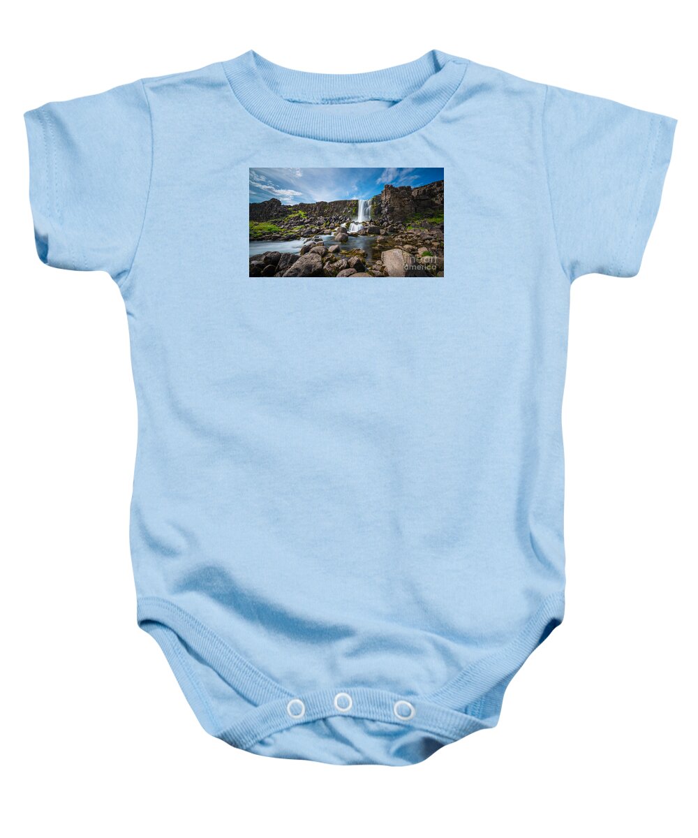 Oxararfoss Waterfall Pingvellir National Park Baby Onesie featuring the photograph Oxararfoss Waterfall by Michael Ver Sprill