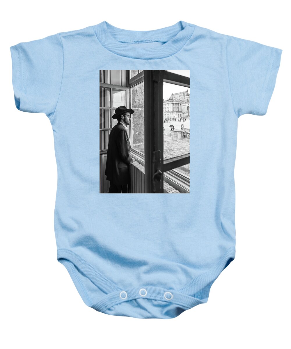 Alone Baby Onesie featuring the photograph Paris Man in Museum by Louis Dallara
